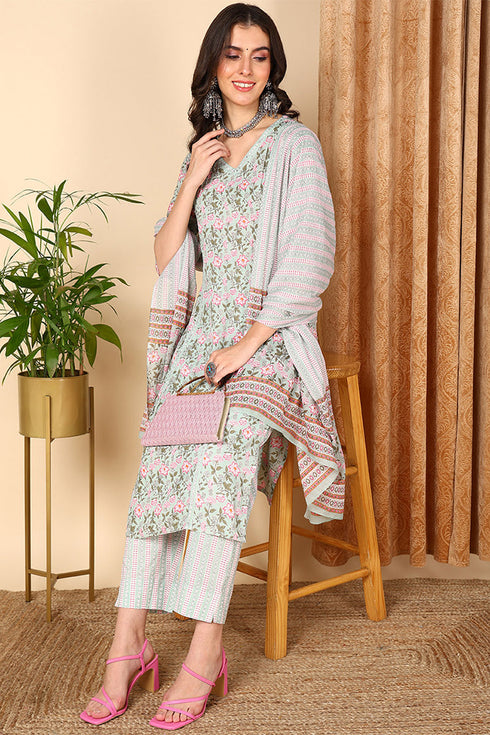 Plus Size Sea Green Pure Cotton Floral Printed Straight Suit Set